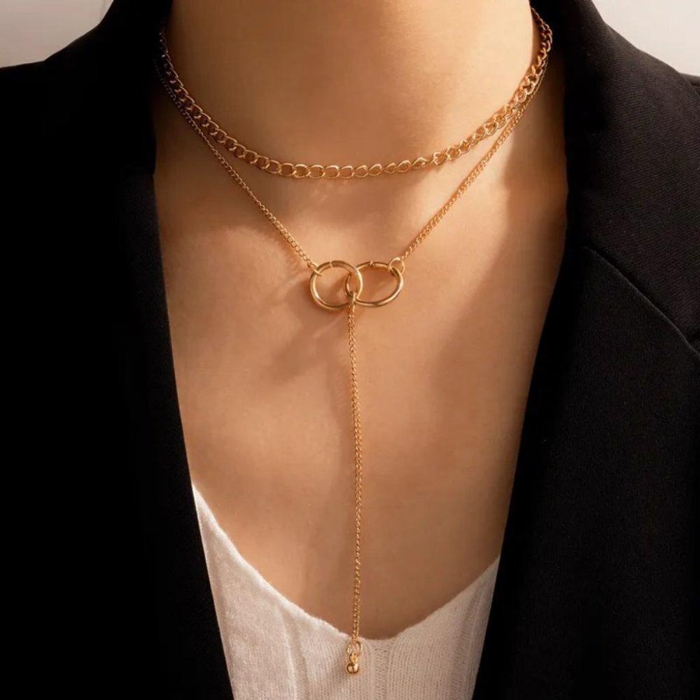 Minimalist Gold Tone Multi Layer Clavicle Chain with Tassel Pendant